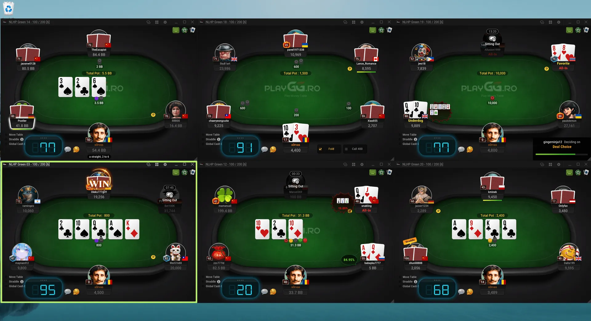 Six GGPoker cash tables open at once on one screen, each with an independent Randomizer Widget readout attached at its lower-left corner.