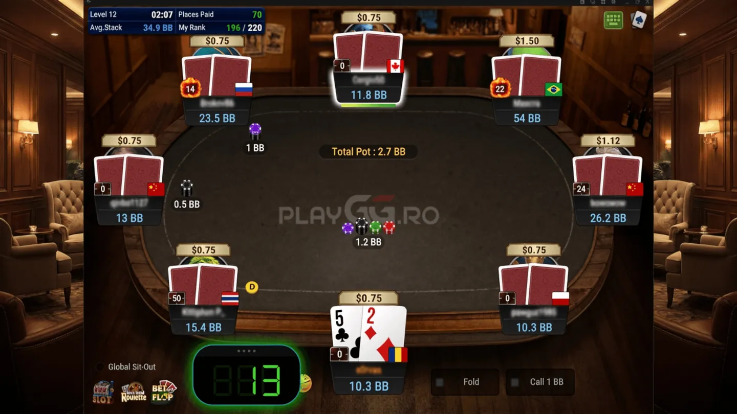 A single nine-handed GGPoker tournament table with a Randomizer Widget readout attached to it.